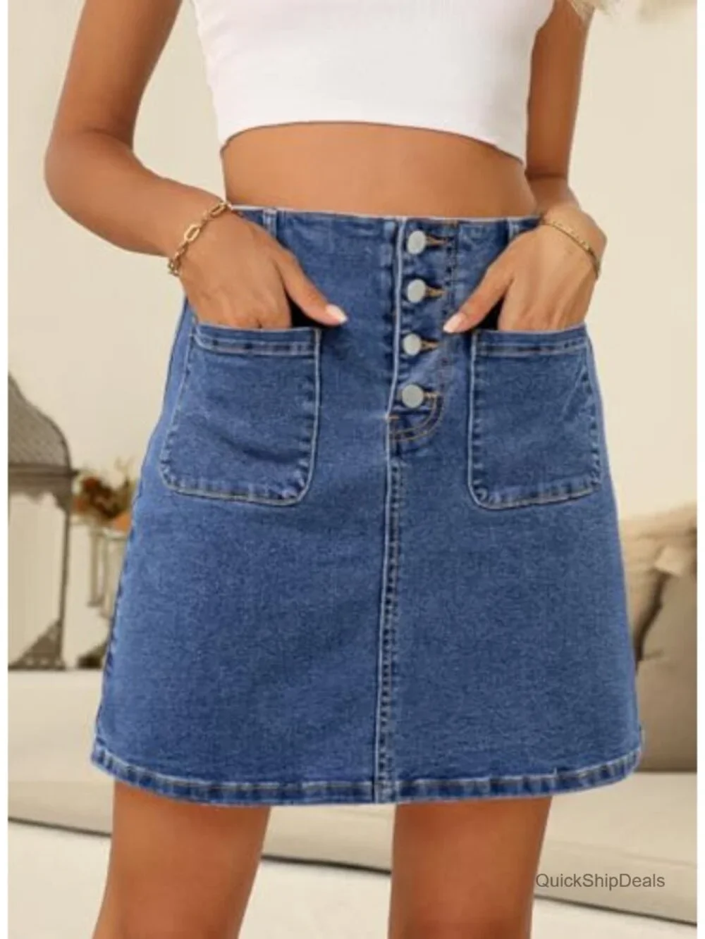 High Waist A-Line Denim Skirt with Pockets, Cotton Blend, Button Down